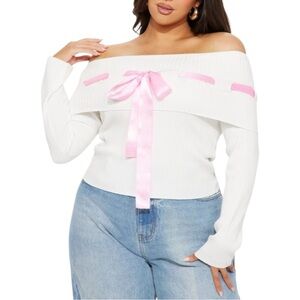 Fashion Nova Off-the-Shoulder Sweater in White and Pink, L